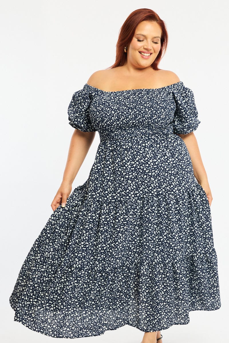 Blue Ditsy Midi Dress Short Sleeve Shirred Bust - Image 2