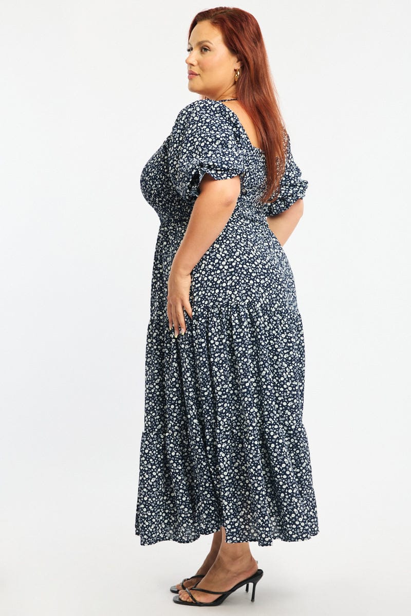 Blue Ditsy Midi Dress Short Sleeve Shirred Bust - Image 3