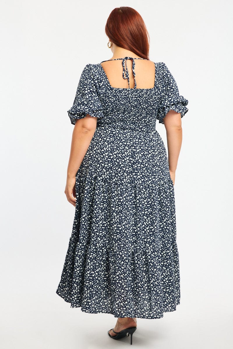Blue Ditsy Midi Dress Short Sleeve Shirred Bust - Image 4