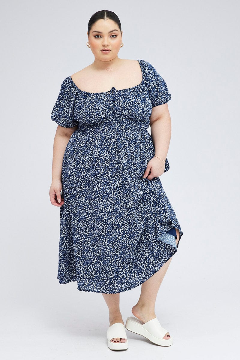 Blue Ditsy Midi Dress Short Sleeve Tiered