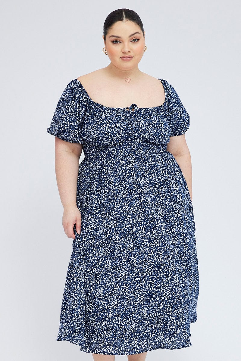 Blue Ditsy Midi Dress Short Sleeve Tiered - Image 2