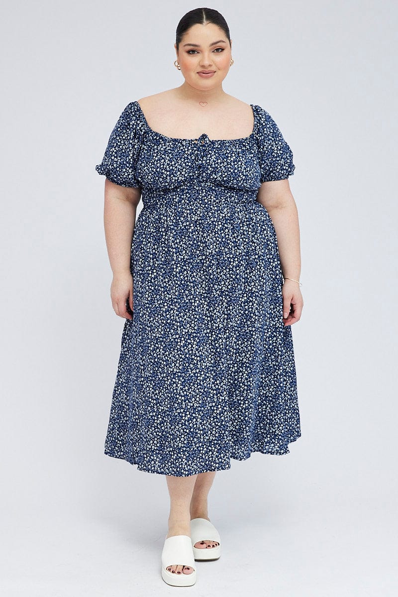 Blue Ditsy Midi Dress Short Sleeve Tiered - Image 3