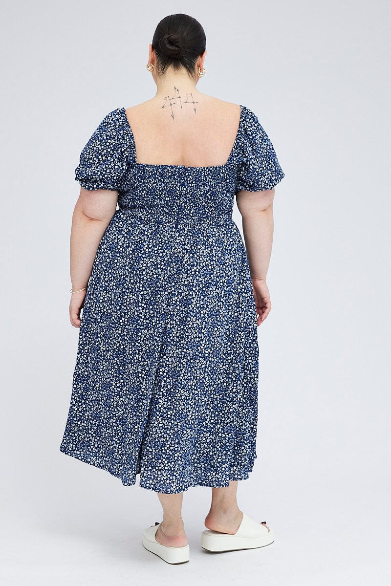 Blue Ditsy Midi Dress Short Sleeve Tiered - Image 4