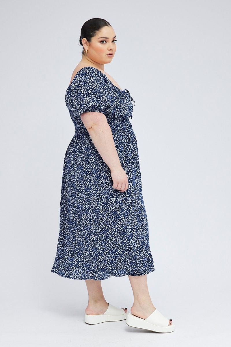 Blue Ditsy Midi Dress Short Sleeve Tiered - Image 5