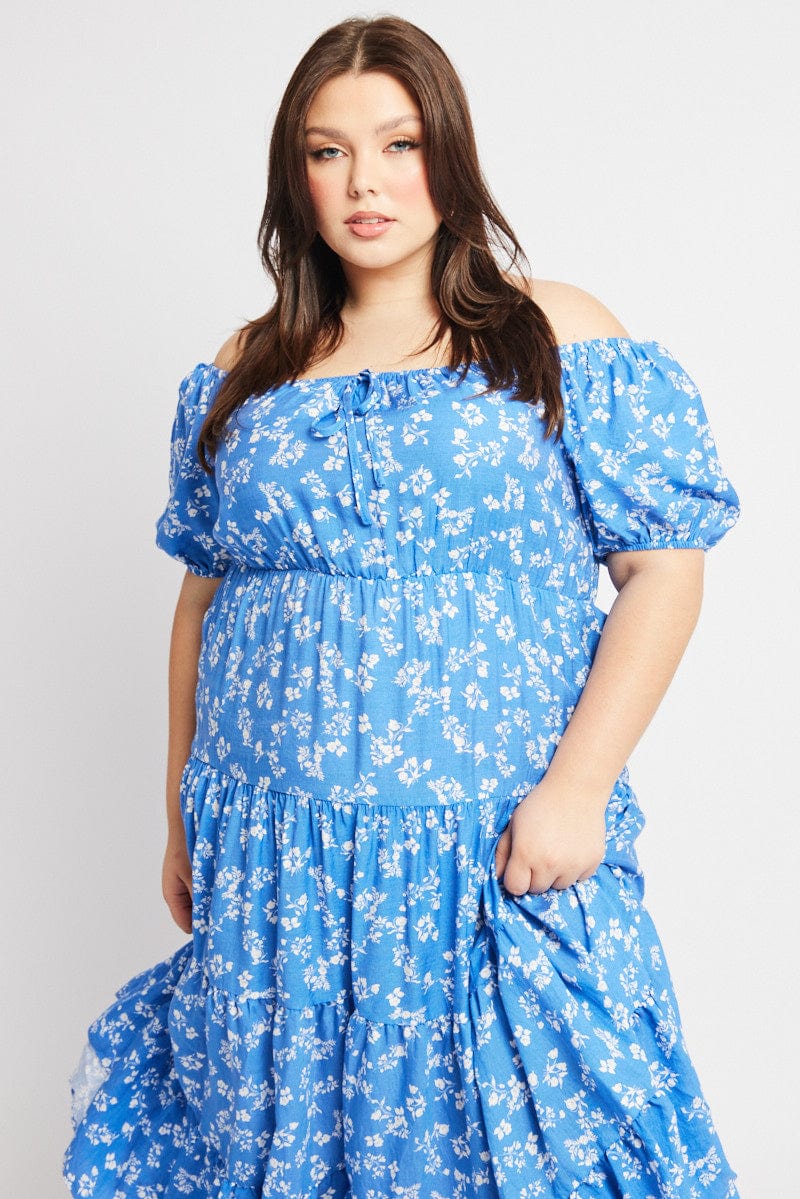 Blue Ditsy Midi Dress Short Sleeve Tiered - Image 3