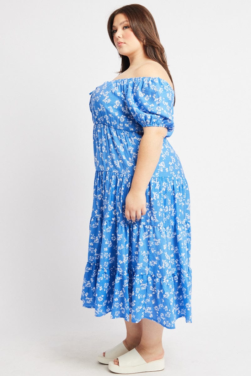 Blue Ditsy Midi Dress Short Sleeve Tiered - Image 4