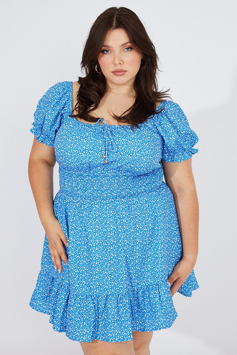Blue Ditsy Mini Dress Puff Sleeve Gather Detail