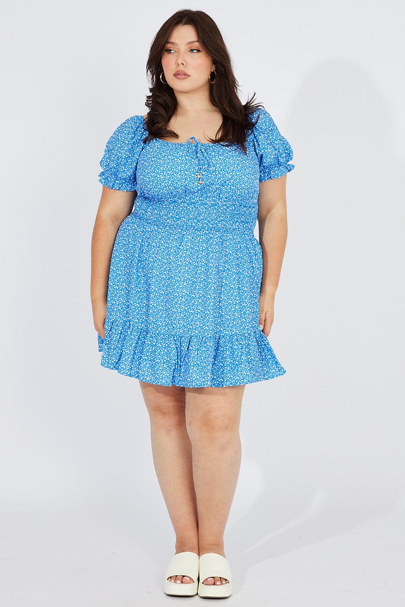 Blue Ditsy Mini Dress Puff Sleeve Gather Detail - Image 2