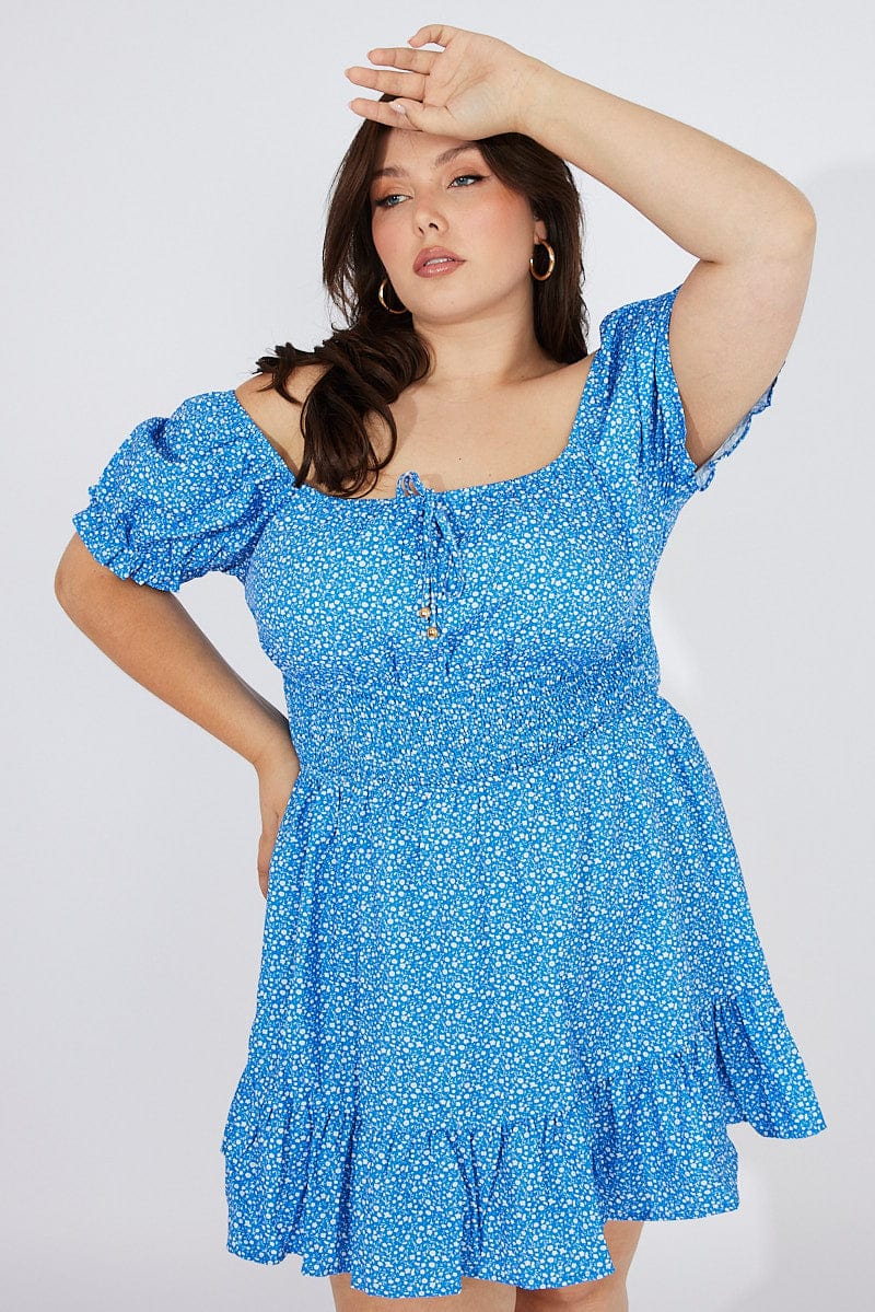 Blue Ditsy Mini Dress Puff Sleeve Gather Detail - Image 3