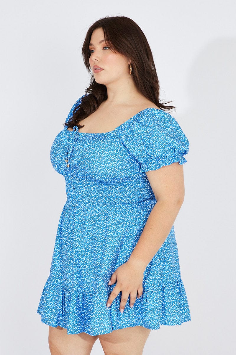 Blue Ditsy Mini Dress Puff Sleeve Gather Detail - Image 4