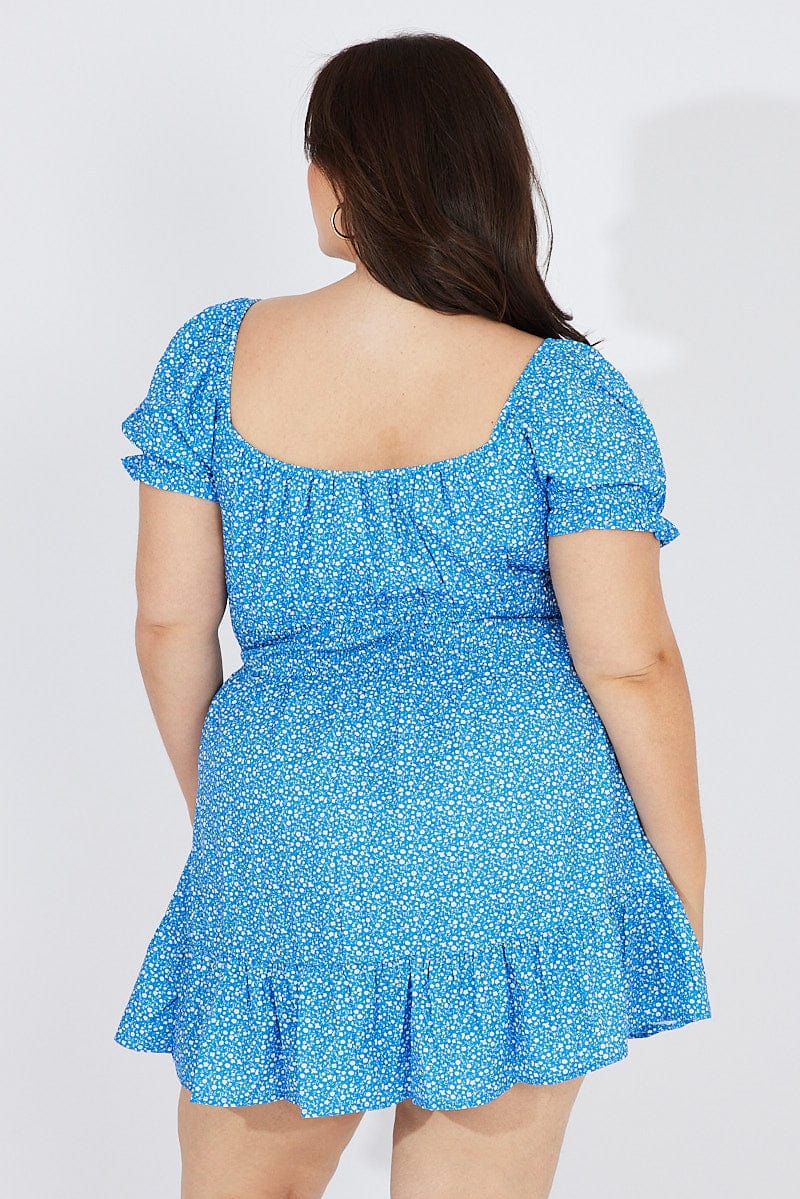 Blue Ditsy Mini Dress Puff Sleeve Gather Detail - Image 5