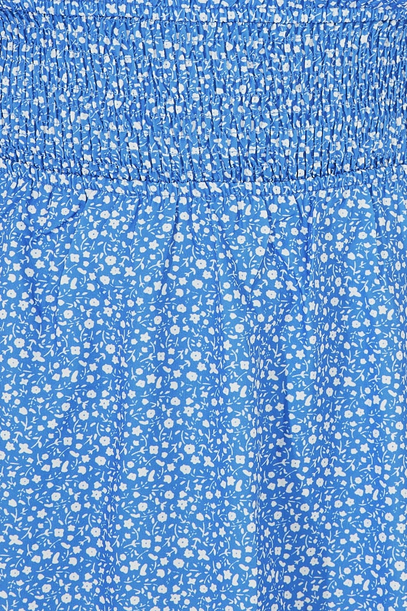 Blue Ditsy Mini Dress Puff Sleeve Gather Detail - Image 6