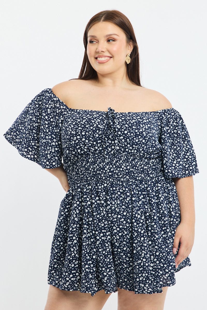 Blue Ditsy Playsuit Short Sleeve Ruched Bust