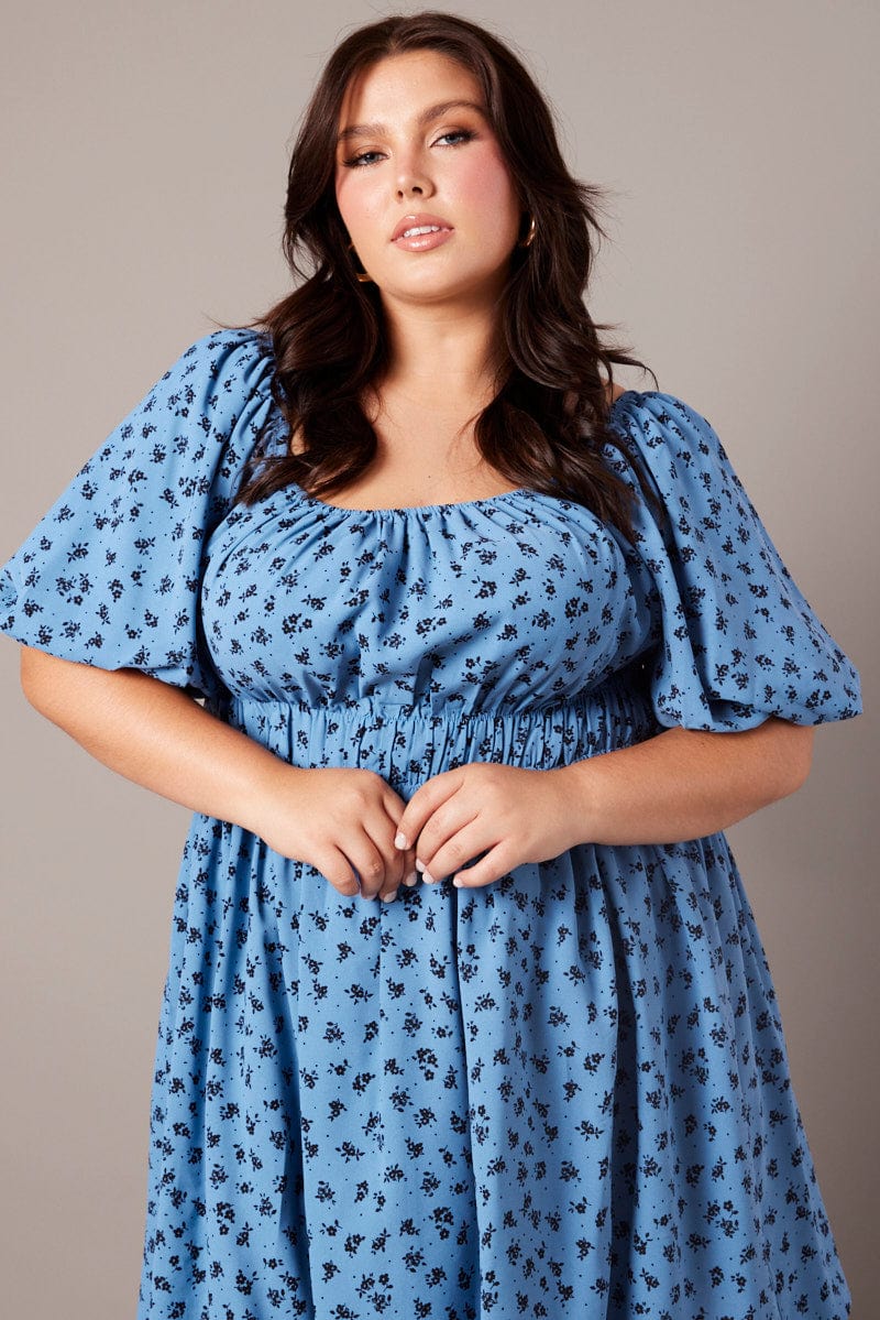 Blue Ditsy Puff Skater Dress - Image 2