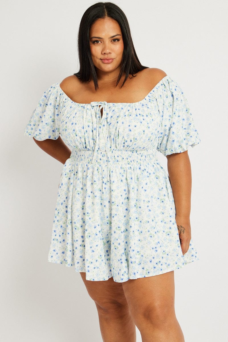 Blue Ditsy Ruched Playsuit Short Sleeve - Image 3
