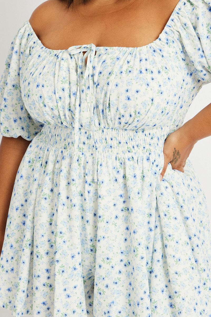 Blue Ditsy Ruched Playsuit Short Sleeve - Image 6