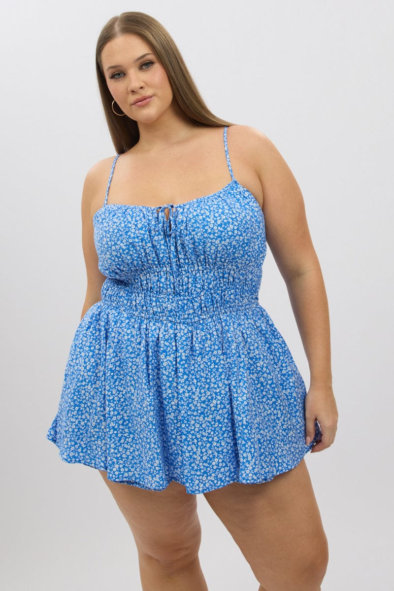 Blue Ditsy Ruched Playsuit Sleeveless - Image 3