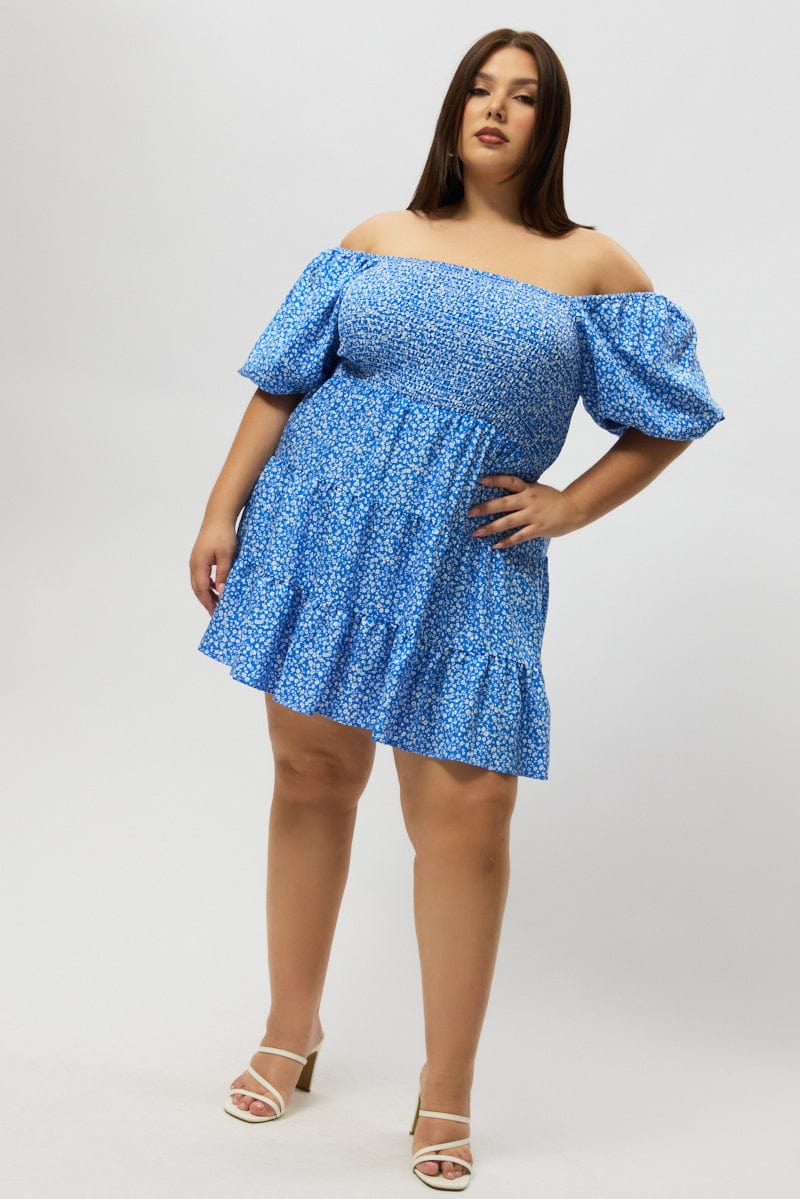 Blue Ditsy Shirred Bodice Puff Sleeve Mini Dress - Image 2