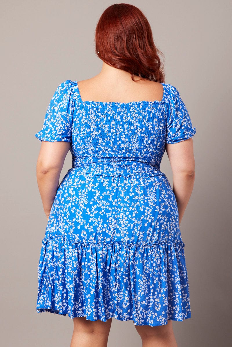 Blue Ditsy Shirred Frill Minidress - Image 5