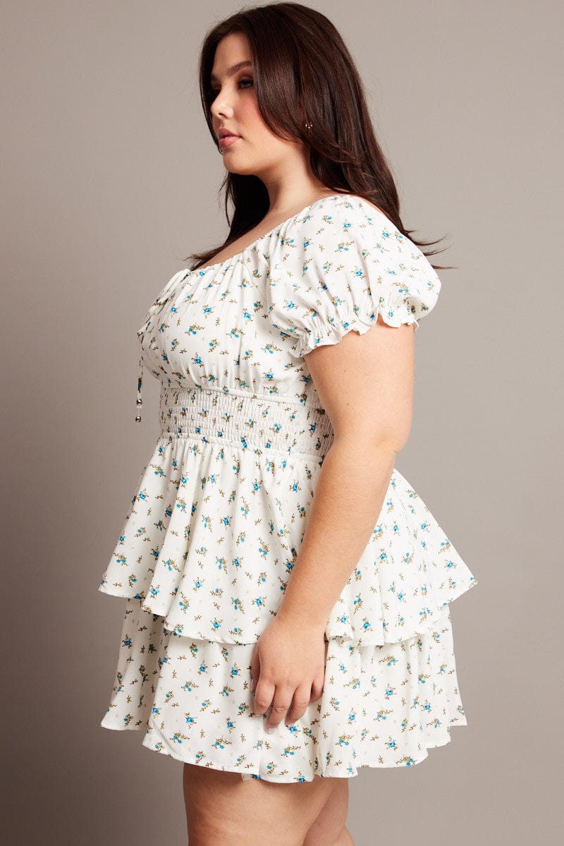 Blue Ditsy Shirred Waist Tiered Minidress - Image 4