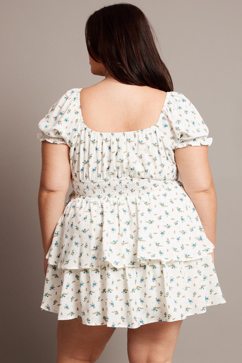 Blue Ditsy Shirred Waist Tiered Minidress - Image 5