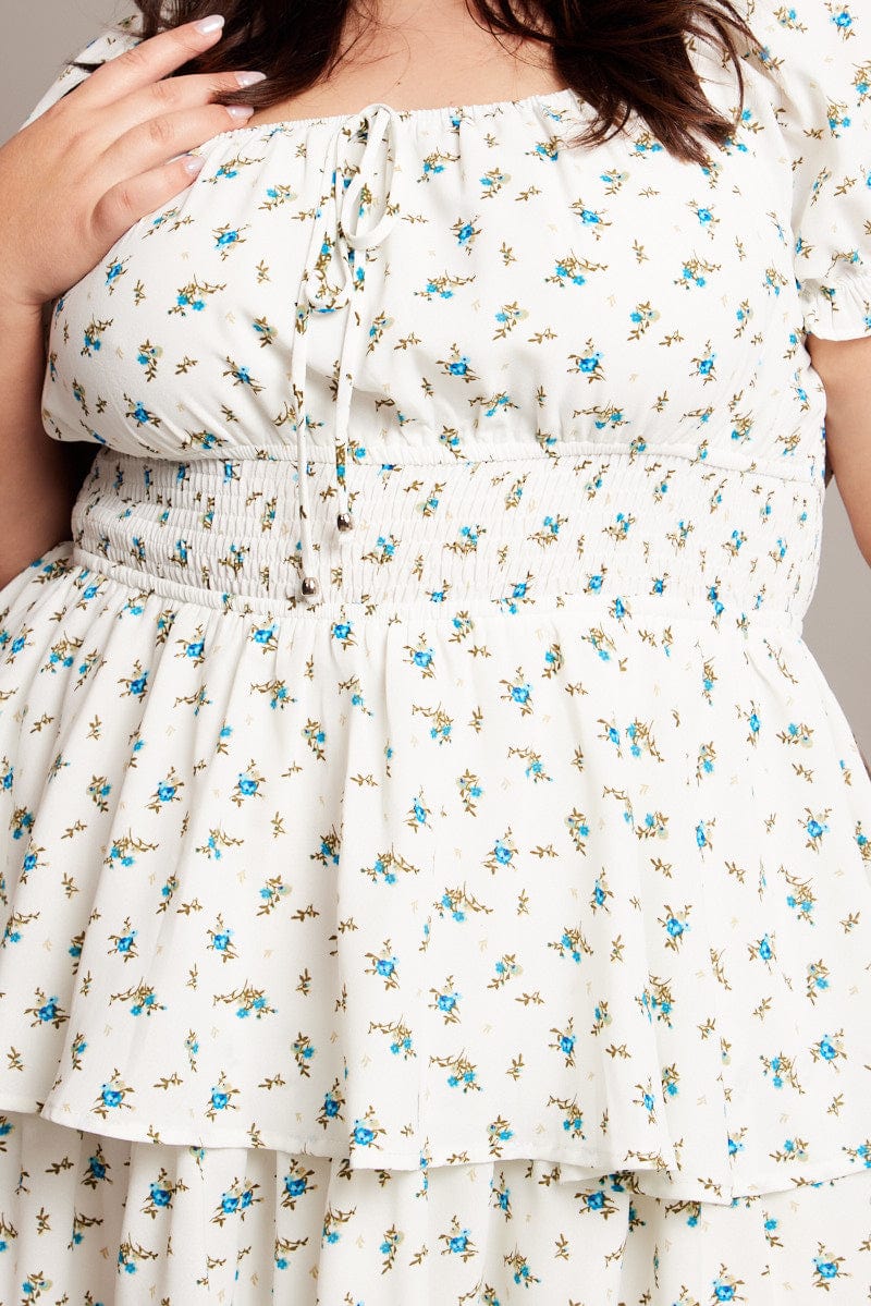 Blue Ditsy Shirred Waist Tiered Minidress - Image 6