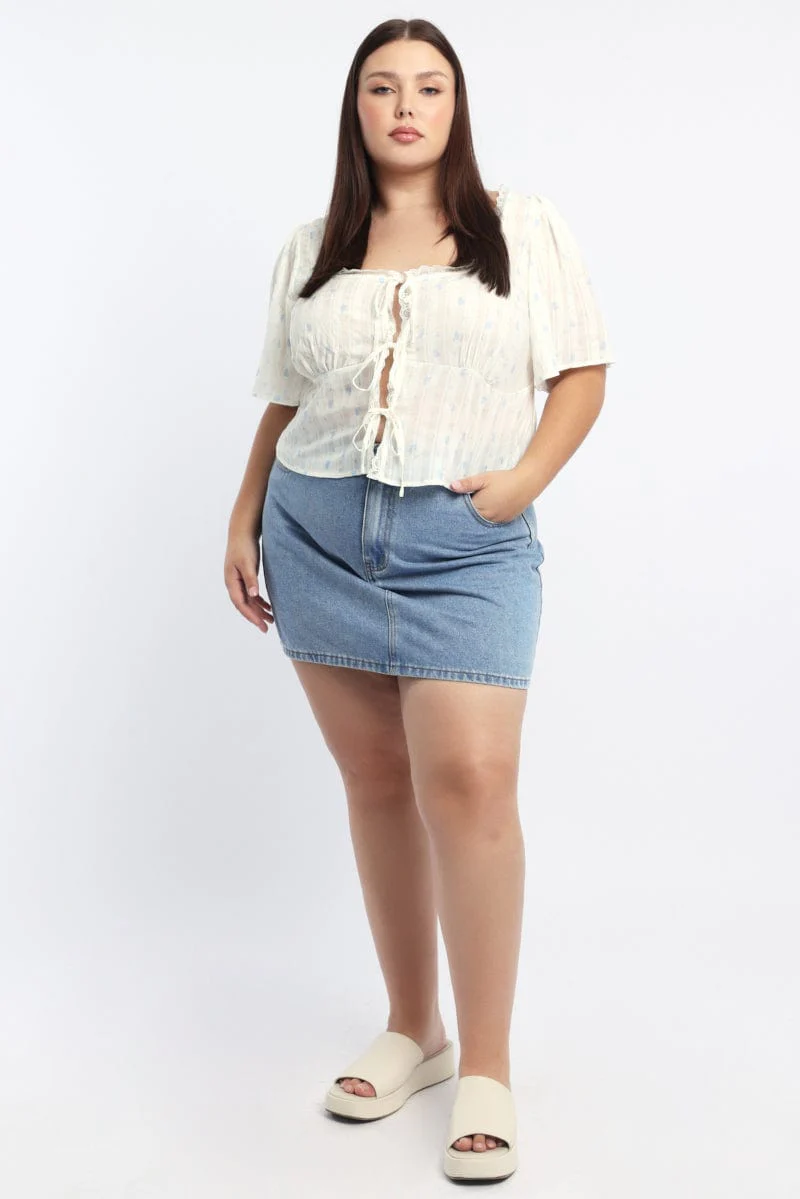 Blue Ditsy Tie Front Top Short Sleeve Lace Trim - Image 2
