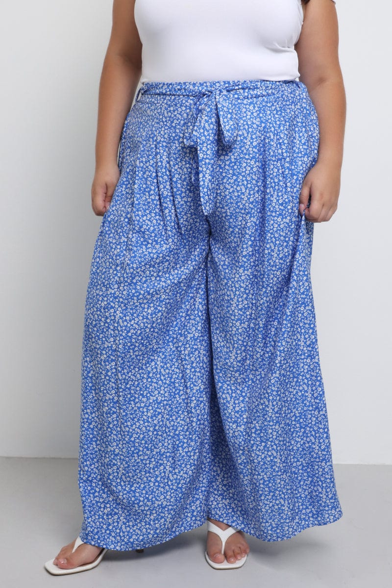 Blue Ditsy Tie Waist Wide Leg Pants - Image 2