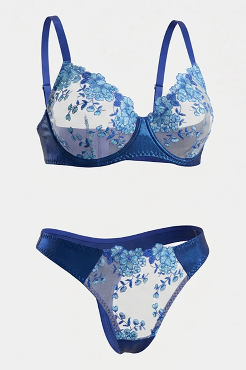Blue Embroidery Lingerie Set