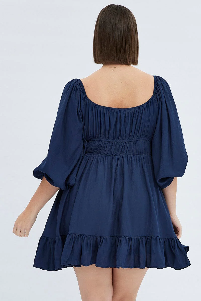Blue Fit And Flare Dress 3/4 Sleeve Tiered Cut Out - Image 5