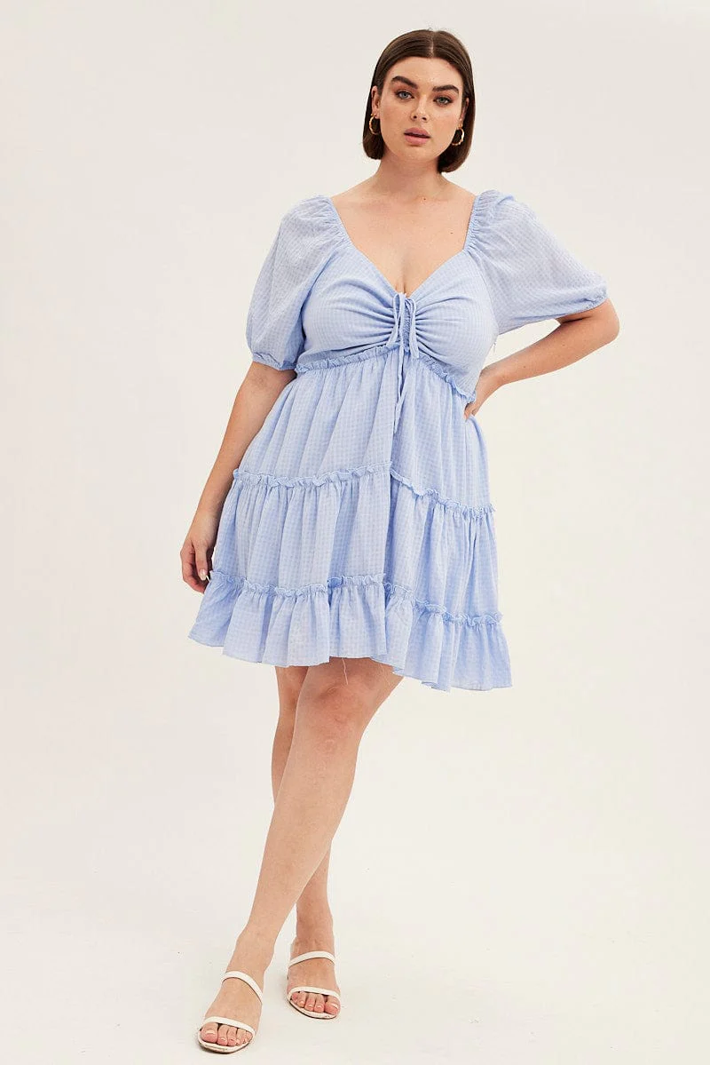 Blue Fit And Flare Dress Short Sleeve Front Ruched - Image 2