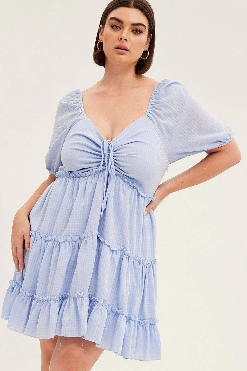 Blue Fit And Flare Dress Short Sleeve Front Ruched - Image 3