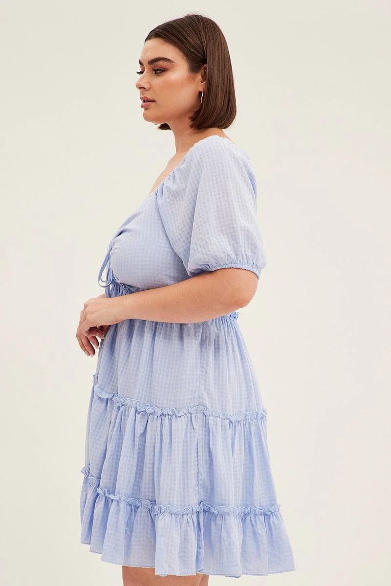 Blue Fit And Flare Dress Short Sleeve Front Ruched - Image 4