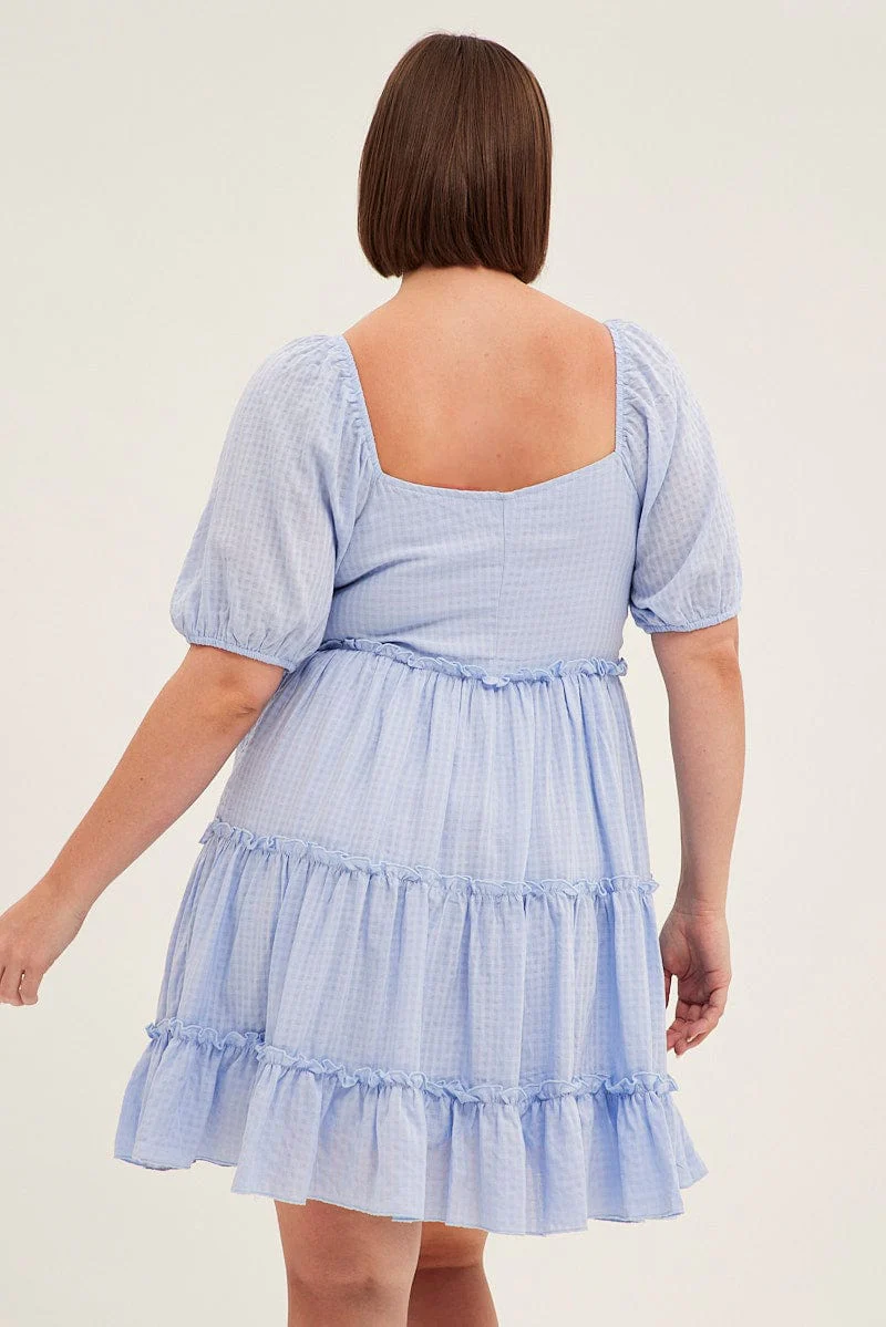 Blue Fit And Flare Dress Short Sleeve Front Ruched - Image 5