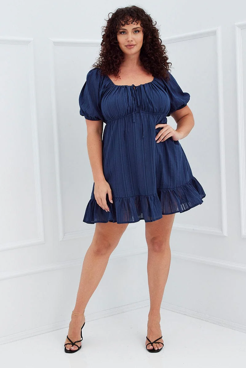Blue Fit And Flare Dress Short Sleeve Ruched Bust - Image 2