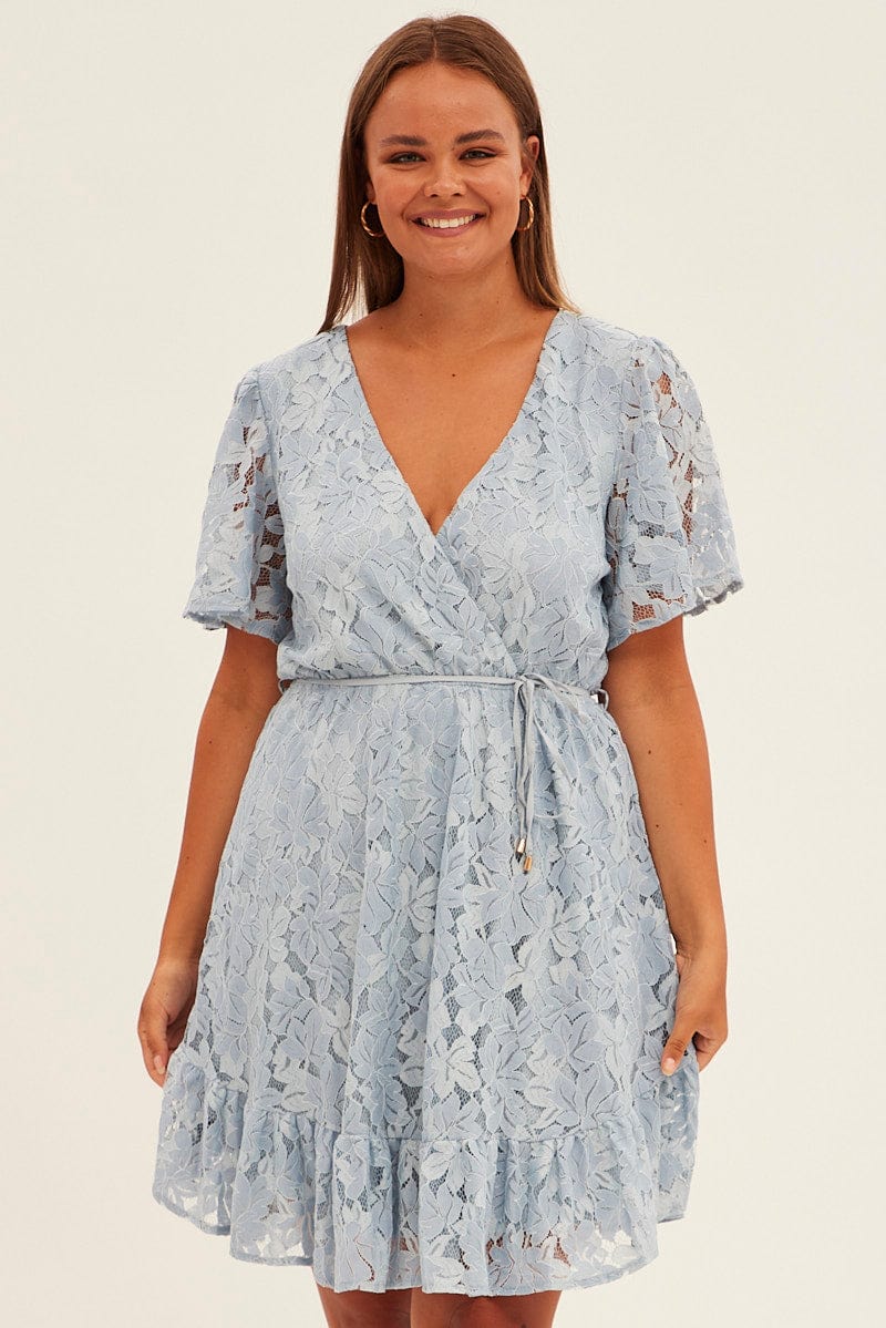 Light Blue Fit And Flare Dress Short Sleeve Wrap Lace - Image 3