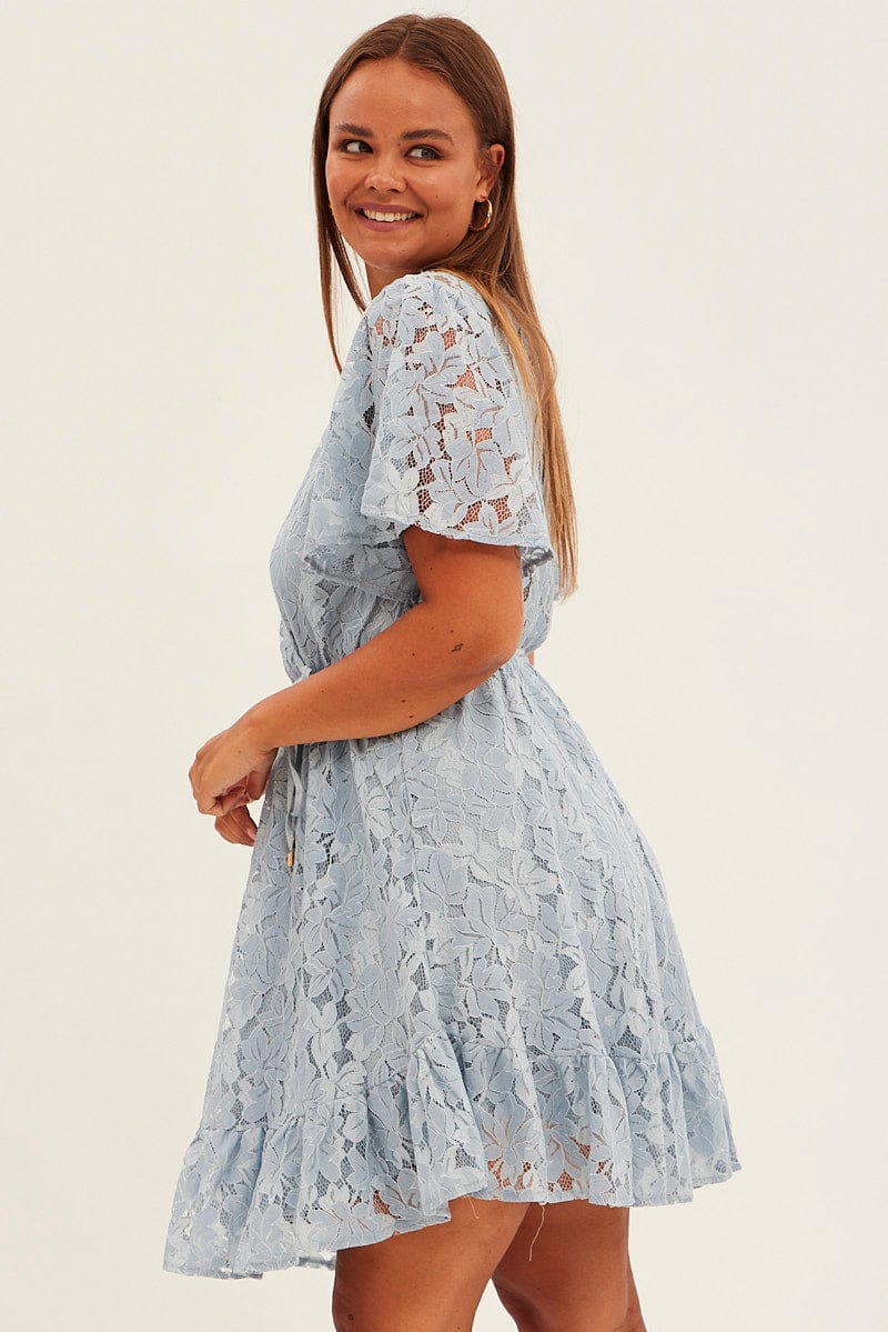 Light Blue Fit And Flare Dress Short Sleeve Wrap Lace - Image 4