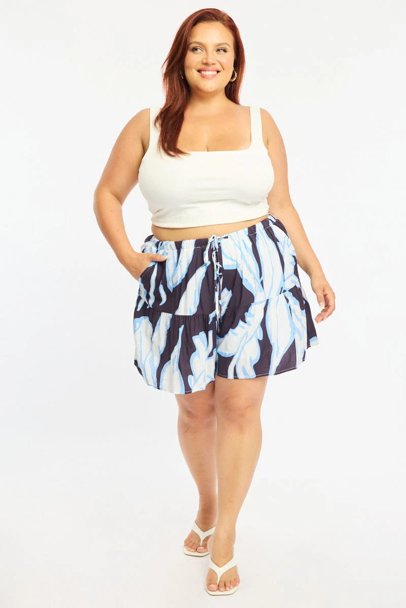 Blue Floral Elastic Waist Shorts
