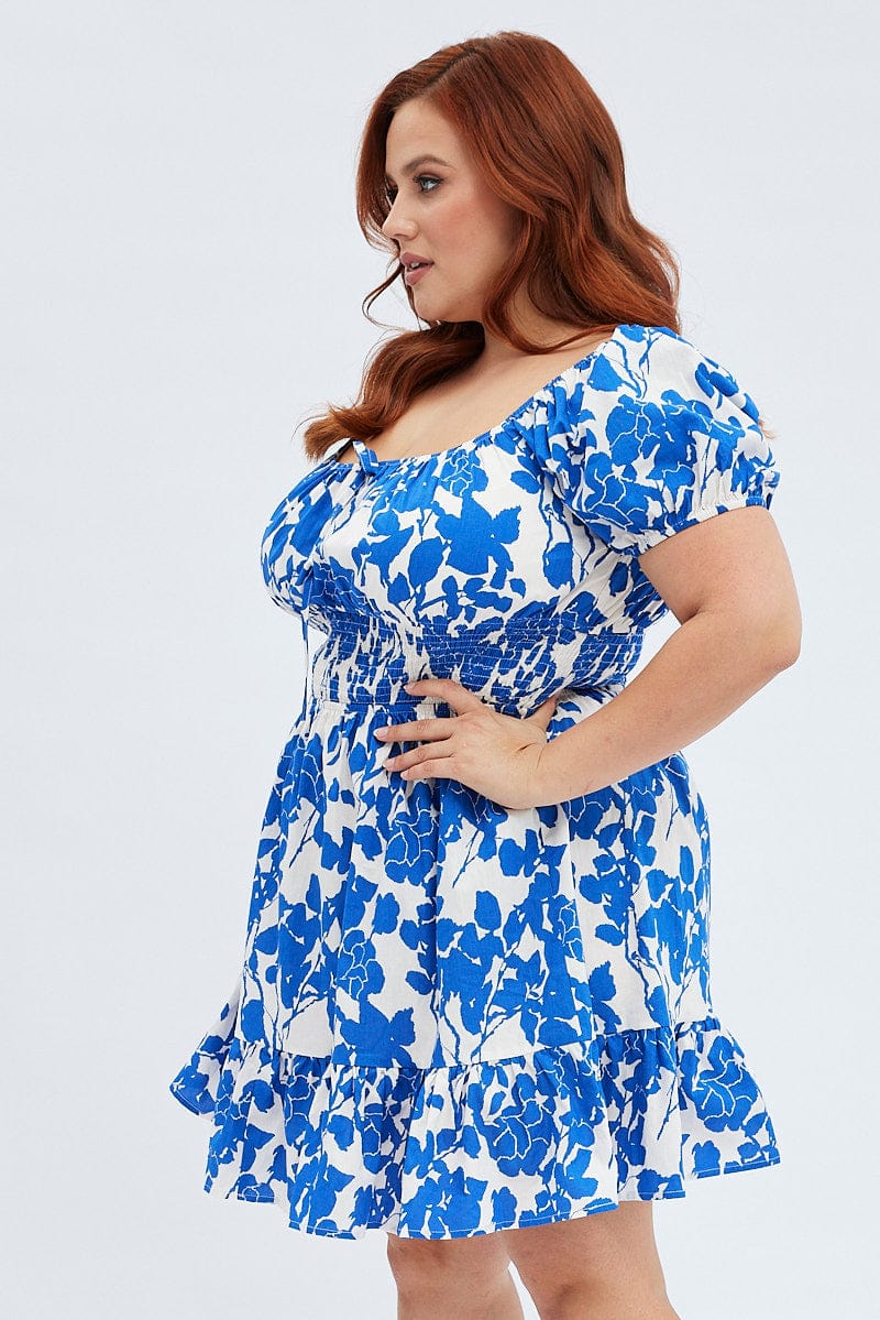 Blue Floral Fit And Flare Dress Short Sleeve - Image 4