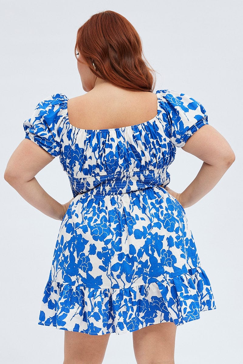 Blue Floral Fit And Flare Dress Short Sleeve - Image 5