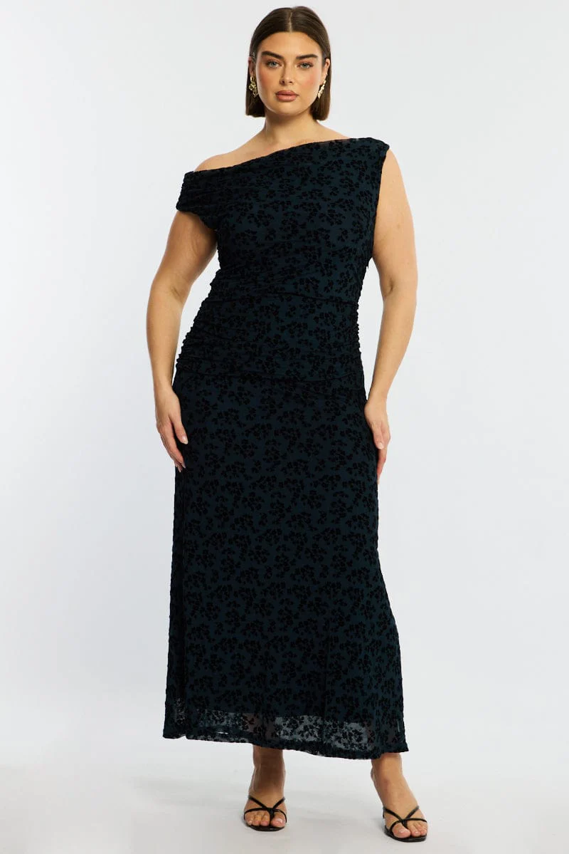 Blue Floral Maxi Dress Asymmetrical Shoulder Mesh Flocking
