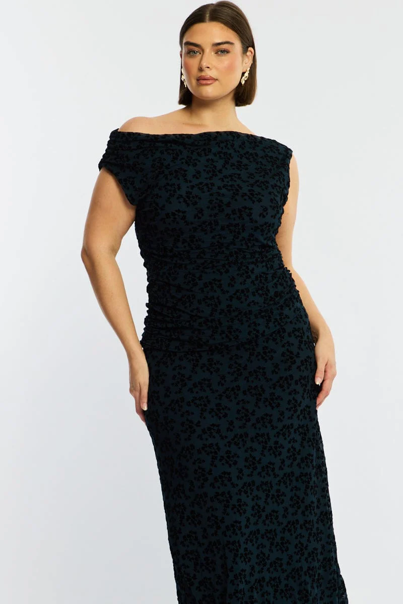 Blue Floral Maxi Dress Asymmetrical Shoulder Mesh Flocking - Image 2