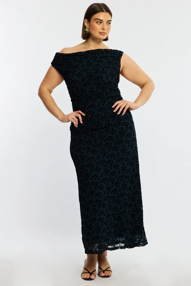 Blue Floral Maxi Dress Asymmetrical Shoulder Mesh Flocking - Image 3