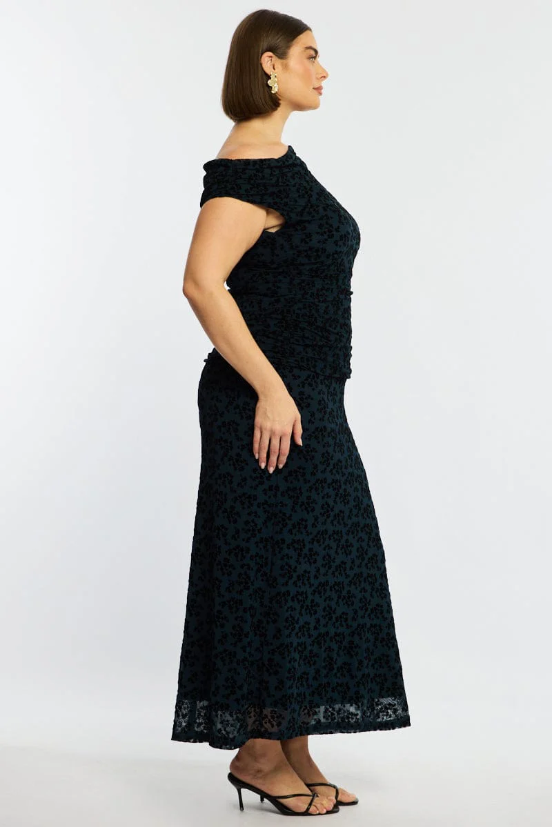 Blue Floral Maxi Dress Asymmetrical Shoulder Mesh Flocking - Image 4