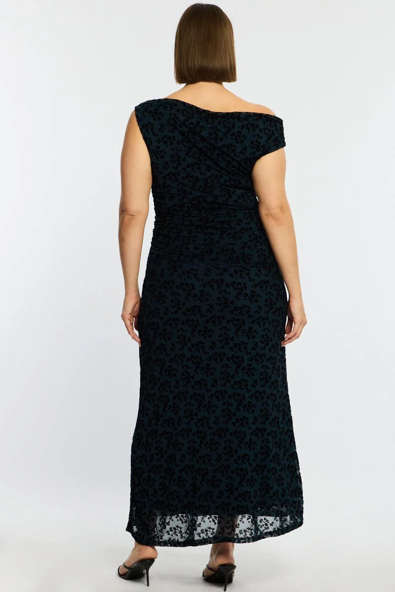 Blue Floral Maxi Dress Asymmetrical Shoulder Mesh Flocking - Image 5