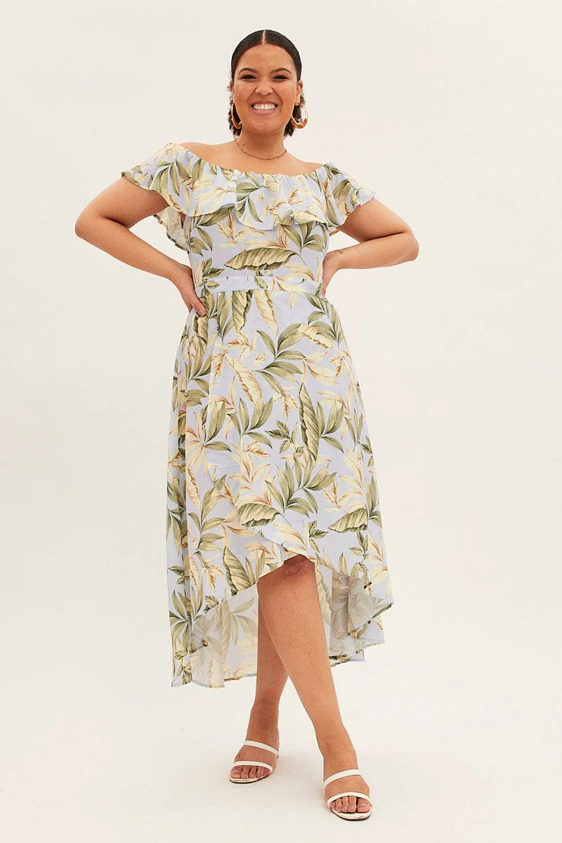 Blue Floral Maxi Dress Off Shoulder Crepe - Image 3