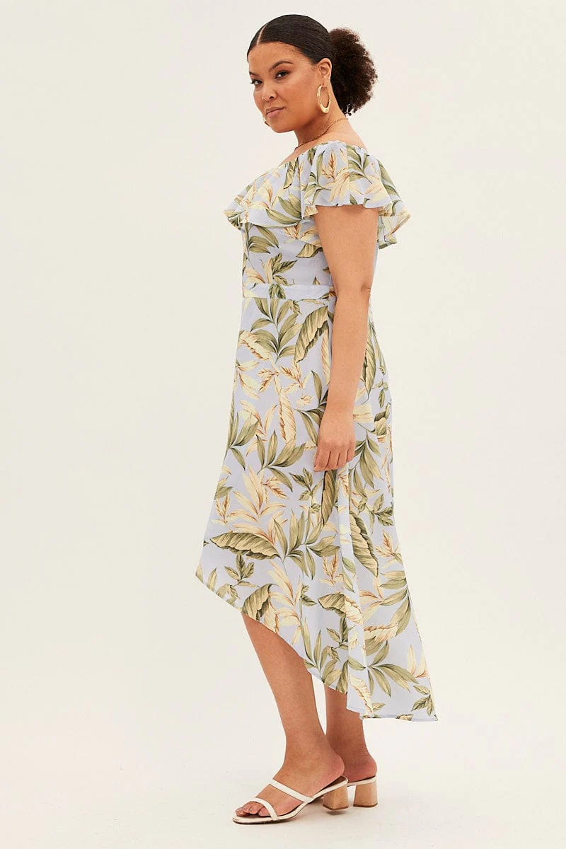 Blue Floral Maxi Dress Off Shoulder Crepe - Image 4