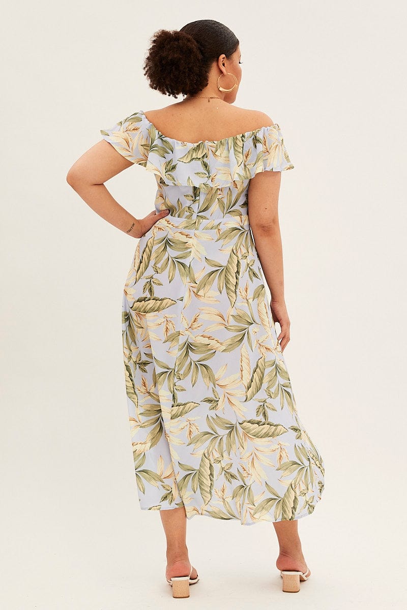 Blue Floral Maxi Dress Off Shoulder Crepe - Image 5