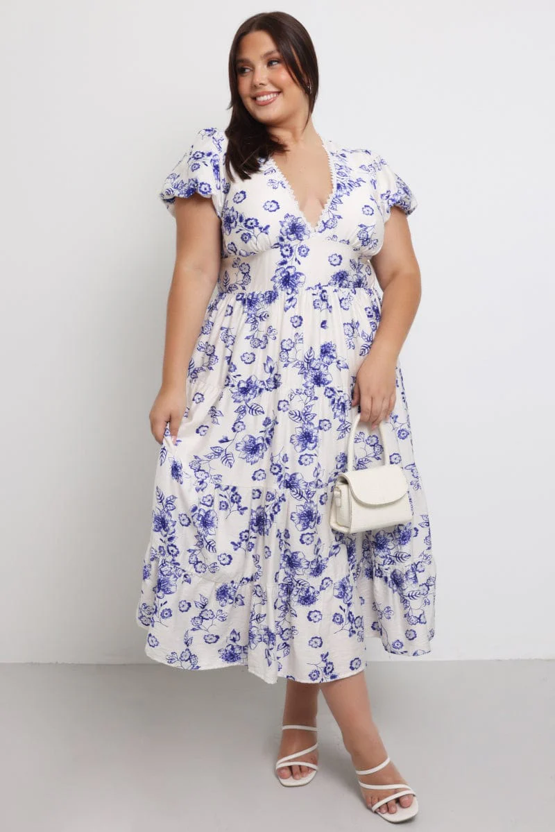 Blue Floral Maxi Dress Short Sleeve V Neck Tiered - Image 2