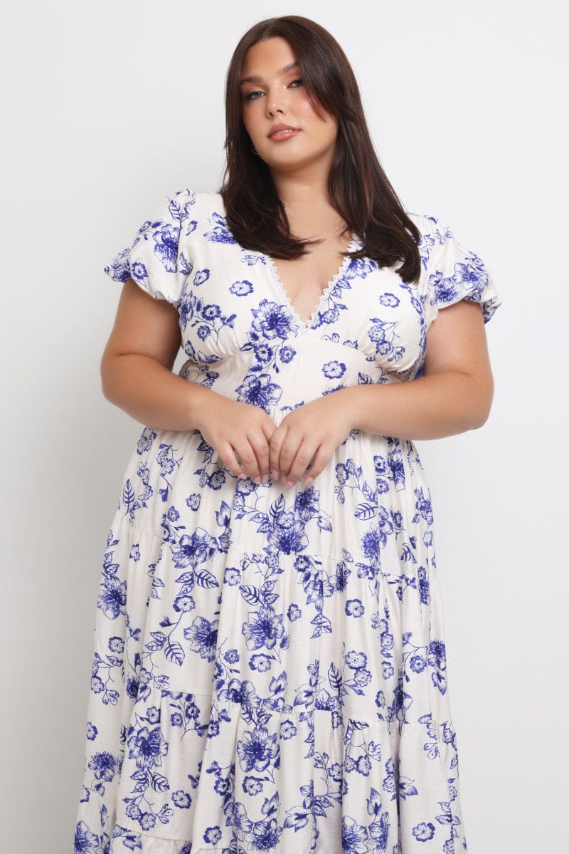 Blue Floral Maxi Dress Short Sleeve V Neck Tiered - Image 3